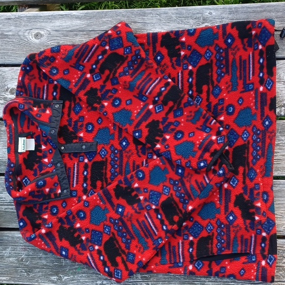 Vintage L.L Bean fleece pulllover.Moose,Fish, Aztec print. Red,Black, and Teal. - Picture 1 of 6